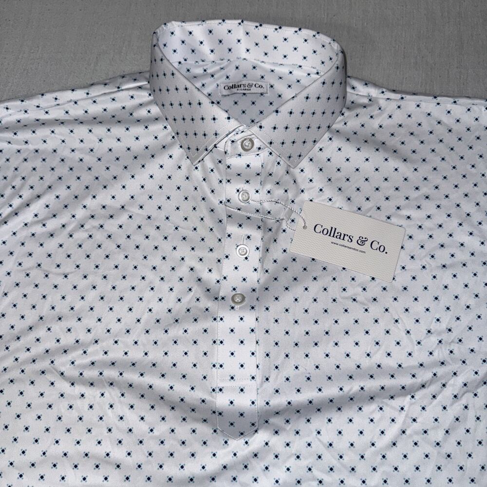 Collars and Co Golf Polo White Blue Geometric AOP Size X-Large Preppy NWT